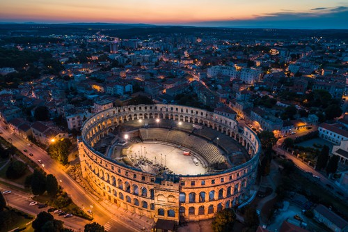 Aerial view of Roman Colosseum in Pula